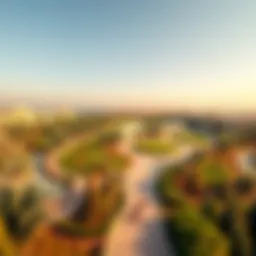 A panoramic view of Al Barsha Park showcasing its lush greenery and walking trails
