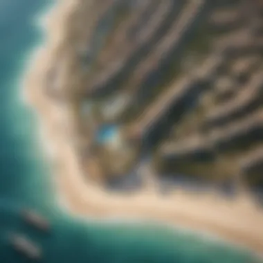 Aerial Perspective of Al Hudayriyat Beach A breathtaking aerial view of Al Hudayriyat Beach showcasing its pristine shoreline