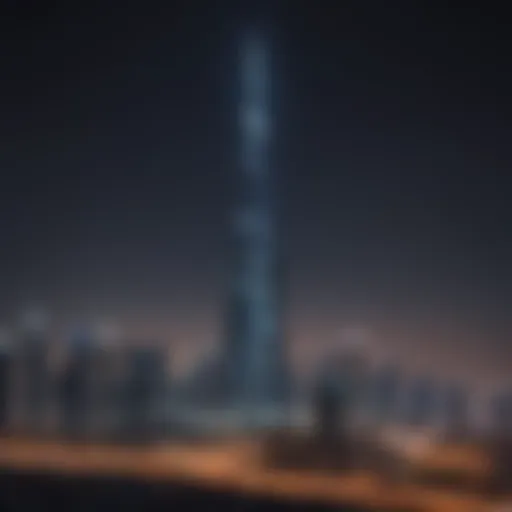 Night view of Al Noor Tower illuminated against the Dubai skyline