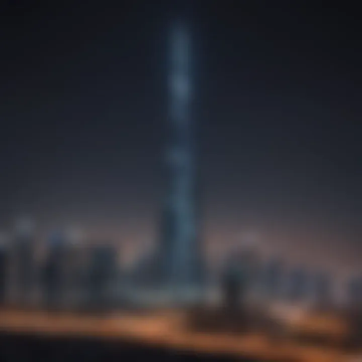 Night view of Al Noor Tower illuminated against the Dubai skyline