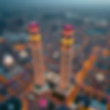 Aerial Perspective of Bloom Towers Aerial view of Bloom Towers in the context of Dubai's skyline and surrounding area