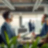 A professional real estate agent engaging with clients in a modern office setting.