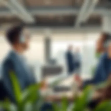 A professional real estate agent engaging with clients in a modern office setting.