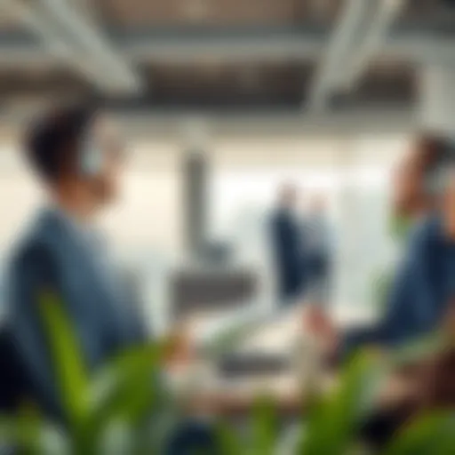 A professional real estate agent engaging with clients in a modern office setting.