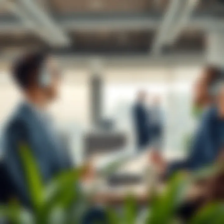 A professional real estate agent engaging with clients in a modern office setting.