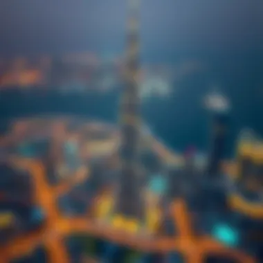 Aerial shot of Burj ME illuminating the Dubai skyline