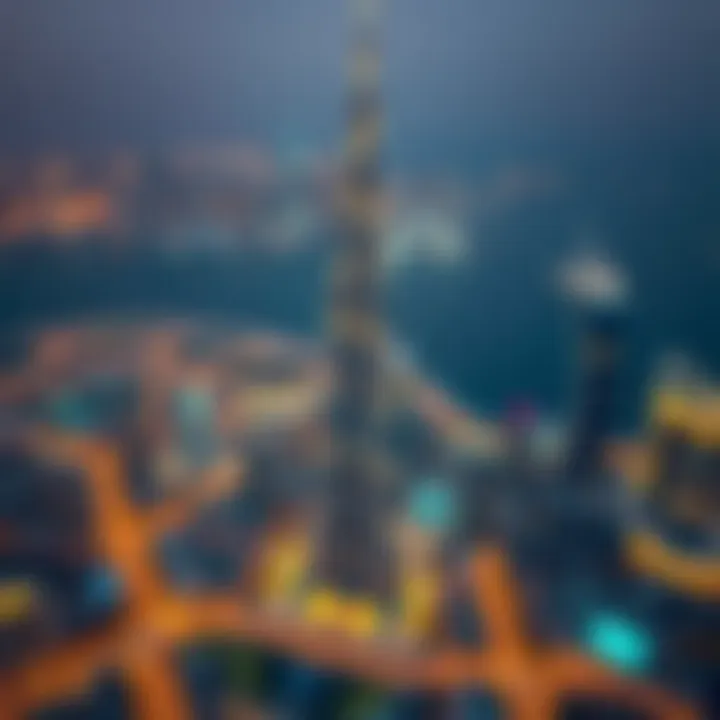 Aerial shot of Burj ME illuminating the Dubai skyline