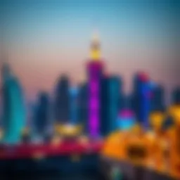 A festive skyline of Dubai adorned with colorful lights during Eid al-Fitr