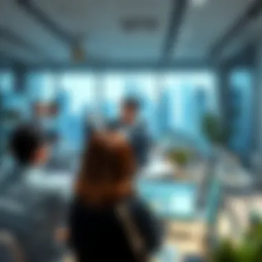 A bustling real estate office with professionals discussing market trends