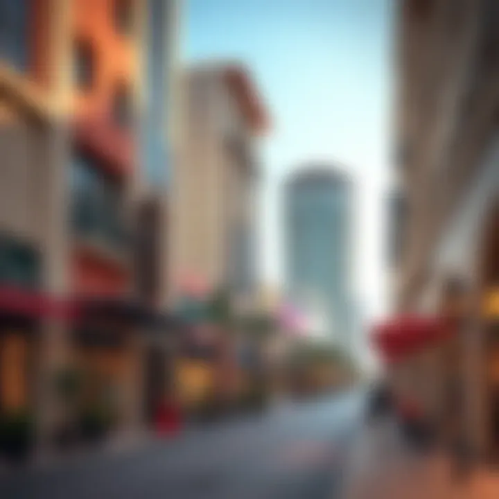 Streetscape of Al Barsha TECOM Vibrant streetscape of Al Barsha TECOM with cafes and retail shops.