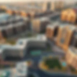 Aerial view of Al Nakhil showcasing its modern architecture and green spaces