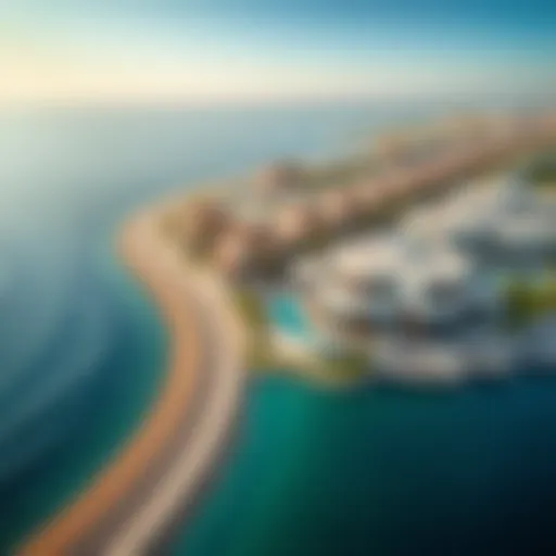 Aerial view showcasing the luxurious properties along the coastline of Amwaj.