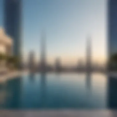 Infinity Pool with Dubai Skyline View Stunning infinity pool overlooking the Dubai skyline, embodying relaxation and sophistication.