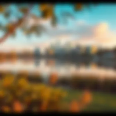 Scenic Reflection of the City Skyline Scenic view of the pond reflecting the skyline