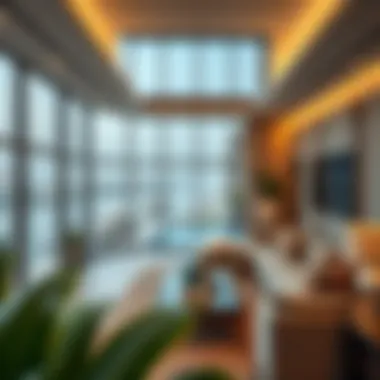 Luxurious living room with large windows overlooking the serene canal