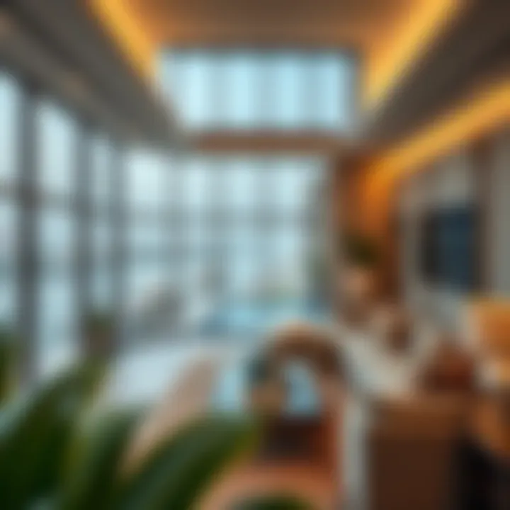 Luxurious living room with large windows overlooking the serene canal