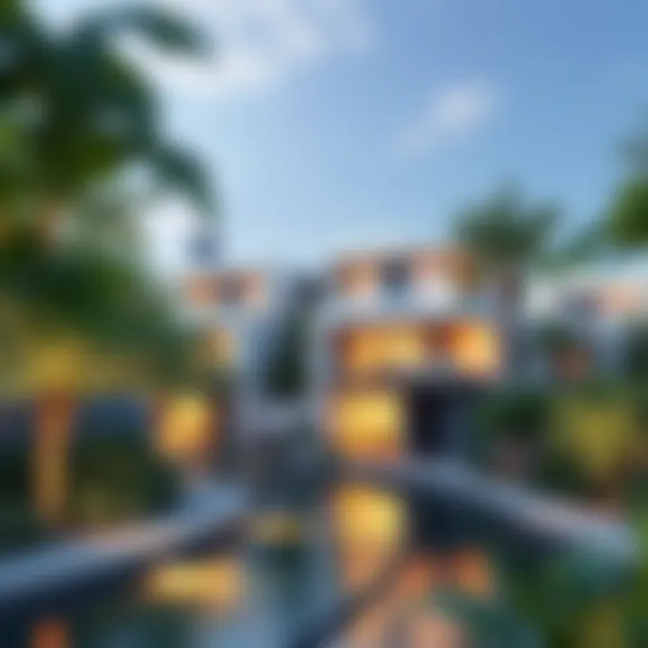 Modern architecture of a canal-side residence surrounded by lush greenery