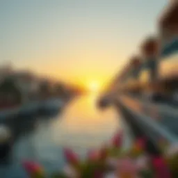 Stunning waterfront property showcasing a panoramic canal view at sunset