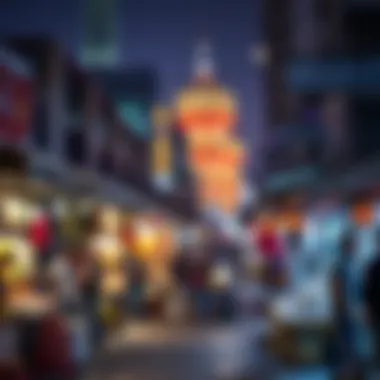 Market Vibes: Nighttime Wonders in Dubai A bustling market scene with illuminated stalls and vibrant nightlife atmosphere