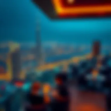 Rooftop Elegance: Nighttime Views of Dubai A luxurious rooftop bar with a stunning view of the city skyline at night