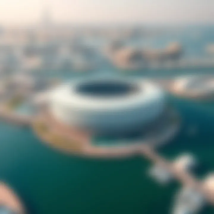 Etihad Arena: A Jewel on the Waterfront Aerial shot of Etihad Arena surrounded by the captivating Yas Bay waterfront