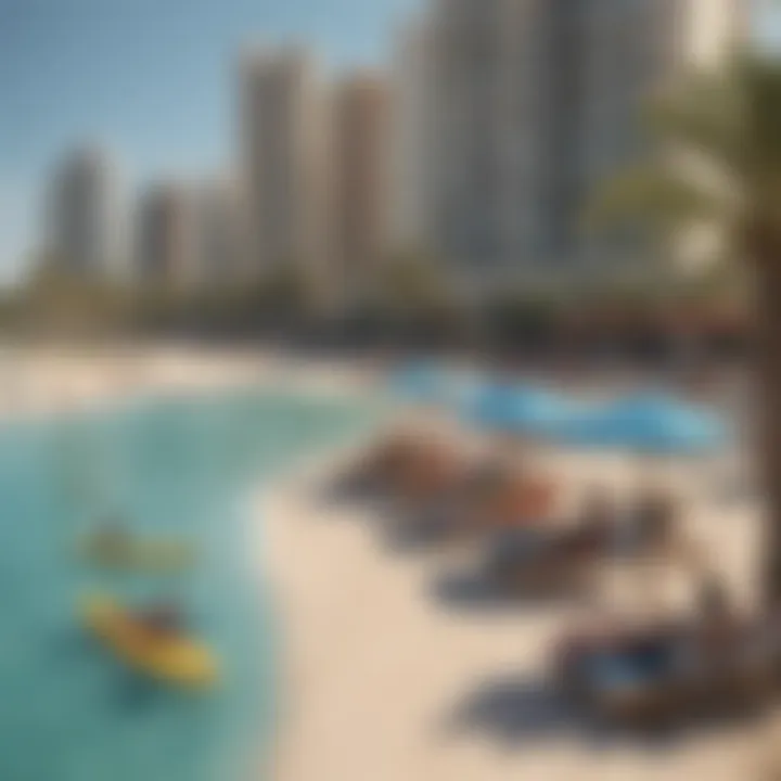 Visitors enjoying leisure activities, such as water sports and sunbathing at JBR Beach