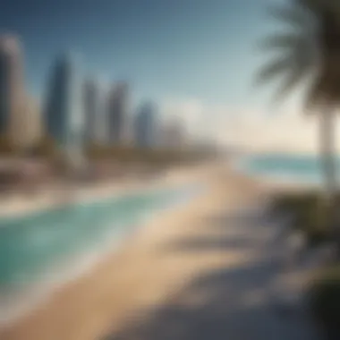 Stunning Skyline of JBR Beach A panoramic view of JBR Beach showcasing the skyline and beachside activities