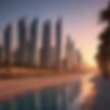 A stunning view of the Jumeirah Beach Residence skyline at sunset, showcasing modern architecture.