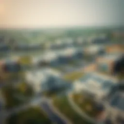 An aerial view of Nad Al Hamar showcasing its modern architecture and lush greenery.