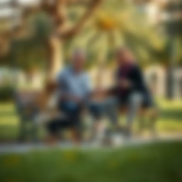 Owners Relaxing While Pets Play Pet owners relaxing on benches in a park