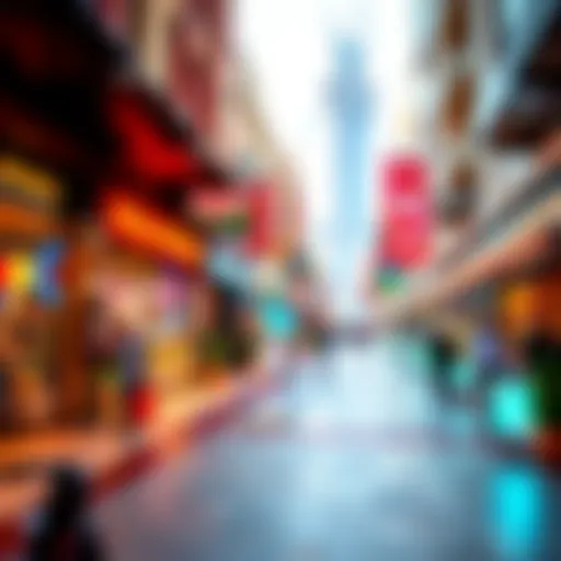 A vibrant street scene showcasing shops in International City, Dubai