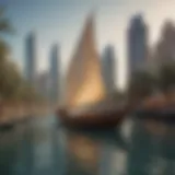 Scenic view of a traditional dhow sailing in Dubai's waterways