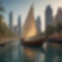 Scenic view of a traditional dhow sailing in Dubai's waterways