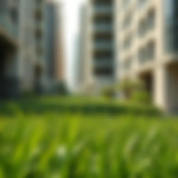 Lush green meadow contrasting with urban architecture