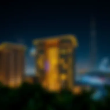Night view of The Pad illuminated against the Dubai skyline
