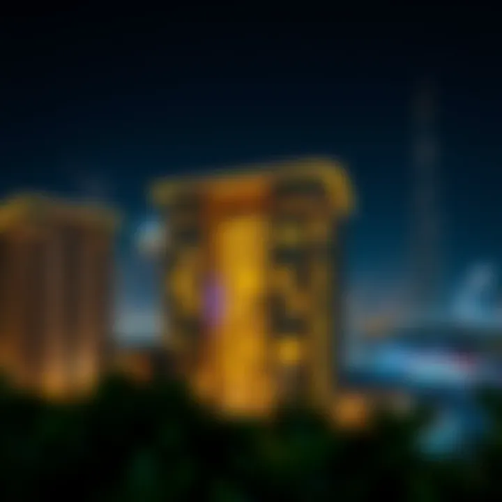 Night view of The Pad illuminated against the Dubai skyline