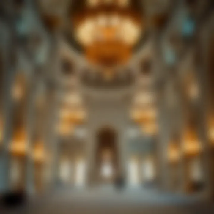Elegant Interiors of Sheikh Zayed Mosque Interior of the mosque featuring stunning chandeliers and prayer hall