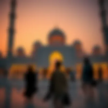 Visitors Experience at Sheikh Zayed Mosque Visitors admiring the mosque's breathtaking design during sunset