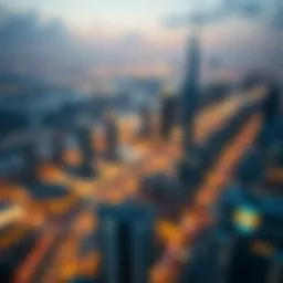 Aerial view of Dubai skyline with festive lights