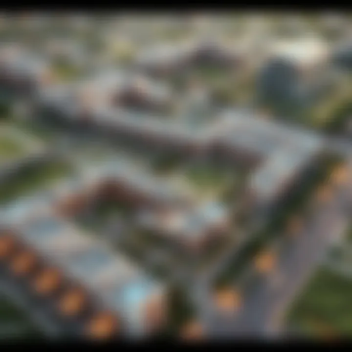 Aerial view of Yas Acres showcasing its modern architecture and green spaces