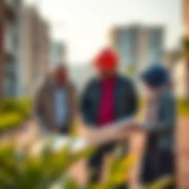 Investors reviewing plans and amenities at Yas Acres development site