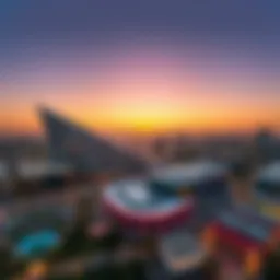Aerial view of the Festival Center at sunset