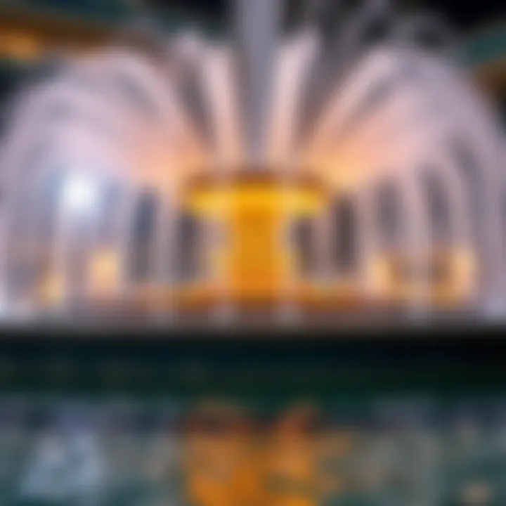 Close-up of the intricate design elements of the fountain at night