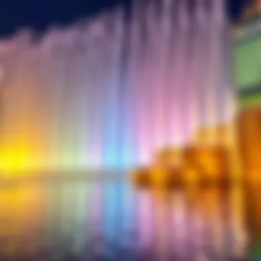 Synchronized water display at the Dubai Mall Fountain illuminated by colorful lights