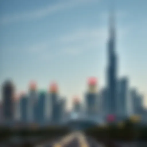 A detailed illustration of the UAE skyline with insurance symbols