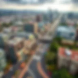 Aerial view of Airport Road showcasing the thriving commercial district.