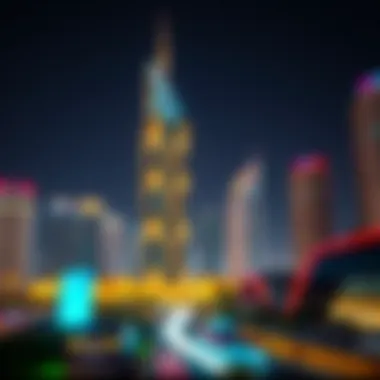 Night view of Nation Towers illuminated, reflecting Dubai's vibrant nightlife