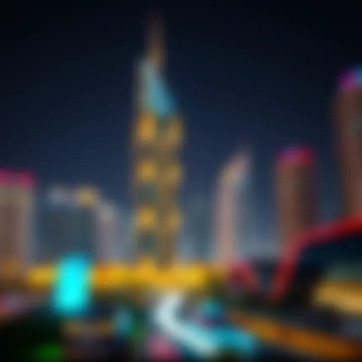 Night view of Nation Towers illuminated, reflecting Dubai's vibrant nightlife