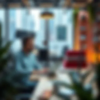 Thriving in Dubai's Freelance Environment Freelancer working on a laptop in a vibrant workspace