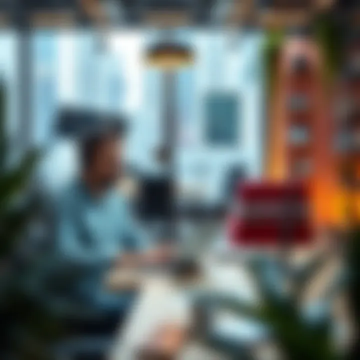 Thriving in Dubai's Freelance Environment Freelancer working on a laptop in a vibrant workspace